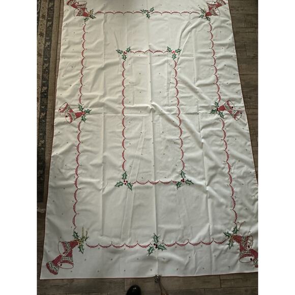 Vintage Cross Stitch Hand Embroidered Christmas Bells Tablecloth 84" x 57 - Picture 3 of 4